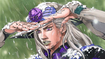 HD desktop wallpaper featuring Gyro Zeppeli from the anime Jojo's Bizarre Adventure, shown in a snow-streaked scene with intense expression.
