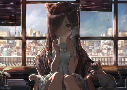 Anime-style HD wallpaper featuring a girl with cat ears sipping a drink by a window overlooking a cityscape, with a cat sitting beside her.