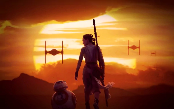 HD desktop wallpaper from Star Wars Episode VII: The Force Awakens featuring Daisy Ridley as Rey and BB-8 against a sunset with TIE fighters in the sky.