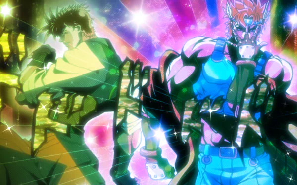 HD anime desktop wallpaper featuring Joseph Joestar and Caesar Zeppeli from Jojo's Bizarre Adventure, showcasing vibrant colors and dynamic poses.