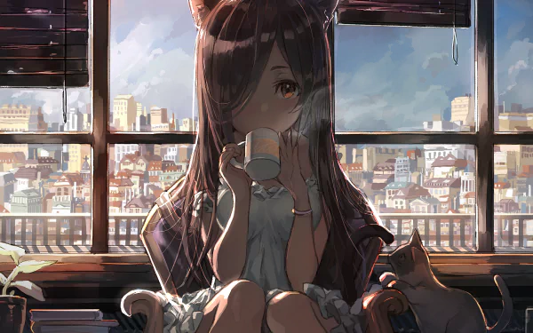 Anime-style HD wallpaper featuring a girl with cat ears sipping a drink by a window overlooking a cityscape, with a cat sitting beside her.