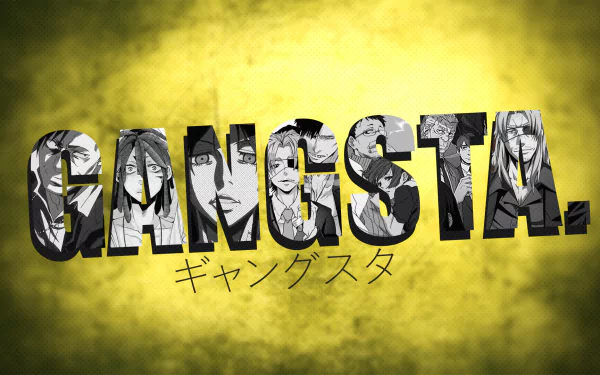HD PC desktop wallpaper featuring the word GANGSTA. with anime characters inside the letters, set against a textured yellow background.