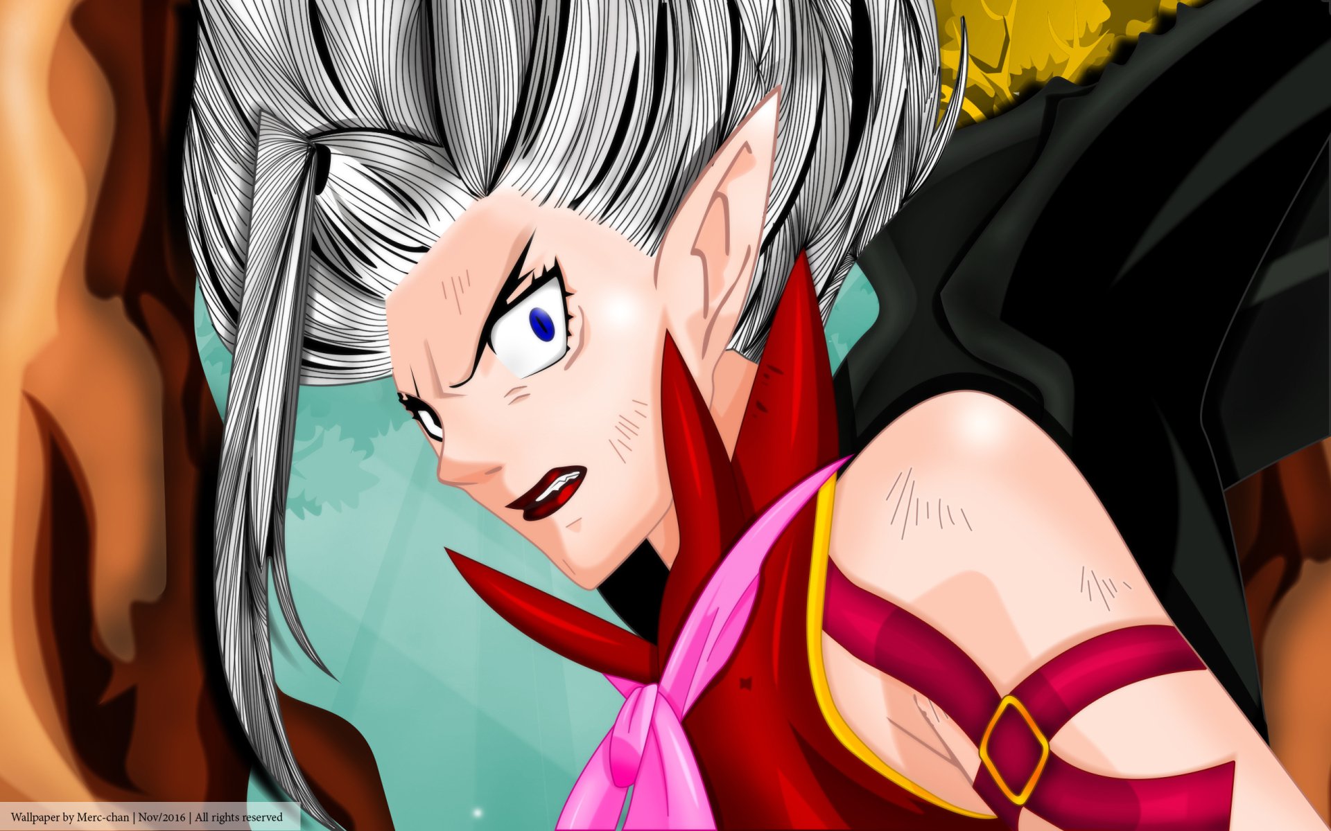 HD anime desktop wallpaper featuring Mirajane Strauss from Fairy Tail with intense expression, silver hair, and detailed vibrant colors.