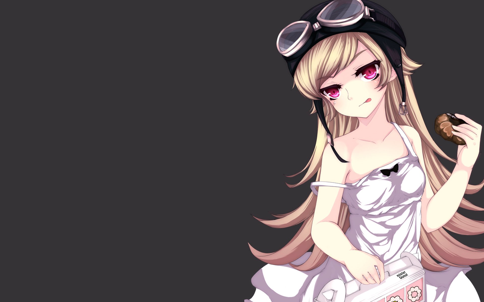 HD PC wallpaper featuring Shinobu Oshino, the vampire character from the Monogatari anime series, with pink eyes, holding a donut against a dark background.