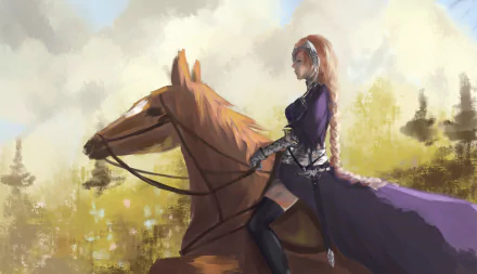 HD desktop wallpaper featuring Jeanne d'Arc from the Fate/Grand Order series, depicted as Ruler, riding a horse through a sunlit countryside. Inspired by the Fate/Apocrypha anime.