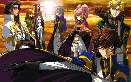 4K Ultra HD anime wallpaper featuring Charles Zi Britannia, Gino Weinberg, and Anya Alstreim from Code Geass against a dramatic sunset sky backdrop.