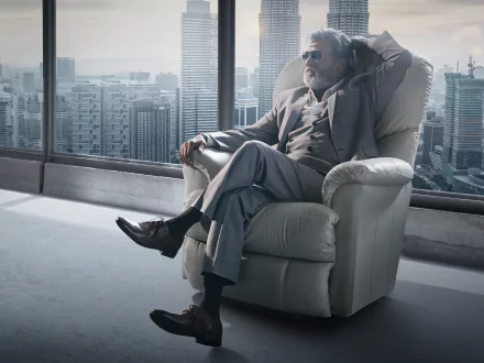 4K Ultra HD PC desktop wallpaper from the movie Kabali: an older man in a suit reclining in an armchair by floor-to-ceiling windows overlooking a modern city skyline.