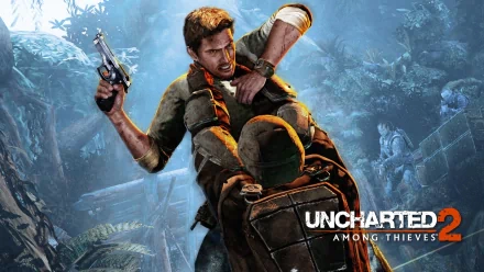 A dynamic HD desktop wallpaper from Uncharted 2: Among Thieves, featuring a character engaged in an intense action scene in a lush, adventurous setting.