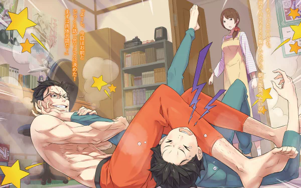 HD PC desktop wallpaper featuring Subaru Natsuki from the anime Re:Zero - Starting Life in Another World in a dynamic, playful scene inside a cluttered room.