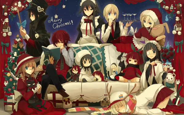 Anime Christmas 2K Quad HD PC wallpaper/background: a cozy group of anime characters in festive outfits gathered on a sofa with gifts, tree, stockings and warm holiday lights.