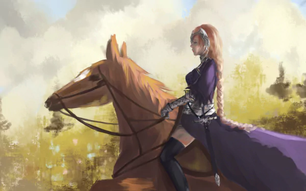 HD desktop wallpaper featuring Jeanne d'Arc from the Fate/Grand Order series, depicted as Ruler, riding a horse through a sunlit countryside. Inspired by the Fate/Apocrypha anime.