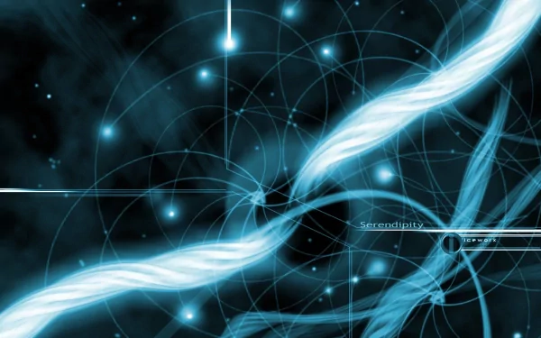 Abstract HD desktop wallpaper featuring intertwining blue lines and patterns, representing technology and textures, against a dark background with glowing blue dots and an intricate network of shapes.