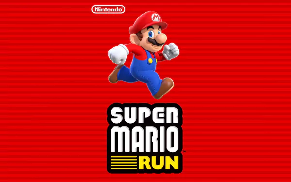 HD desktop wallpaper featuring Mario from Super Mario Run game, with a red background and game title text.
