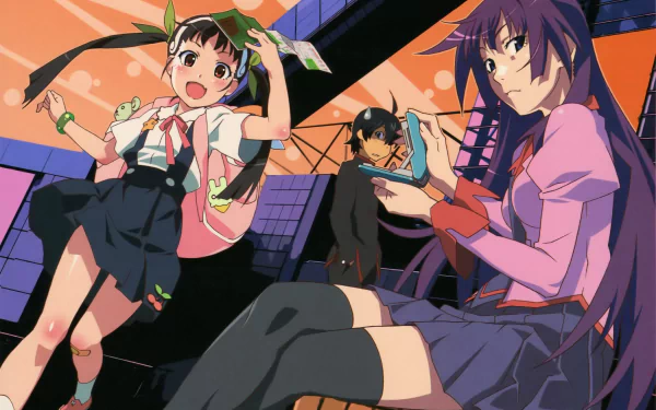 HD PC desktop wallpaper featuring Koyomi Araragi, Mayoi Hachikuji, and Hitagi Senjōgahara from the Monogatari anime series, with vibrant colors and dynamic poses.