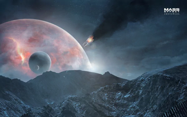 4K Ultra HD desktop wallpaper of a spaceship flying over rocky mountains with a glowing planet and moon in the sky from the sci-fi video game Mass Effect: Andromeda.