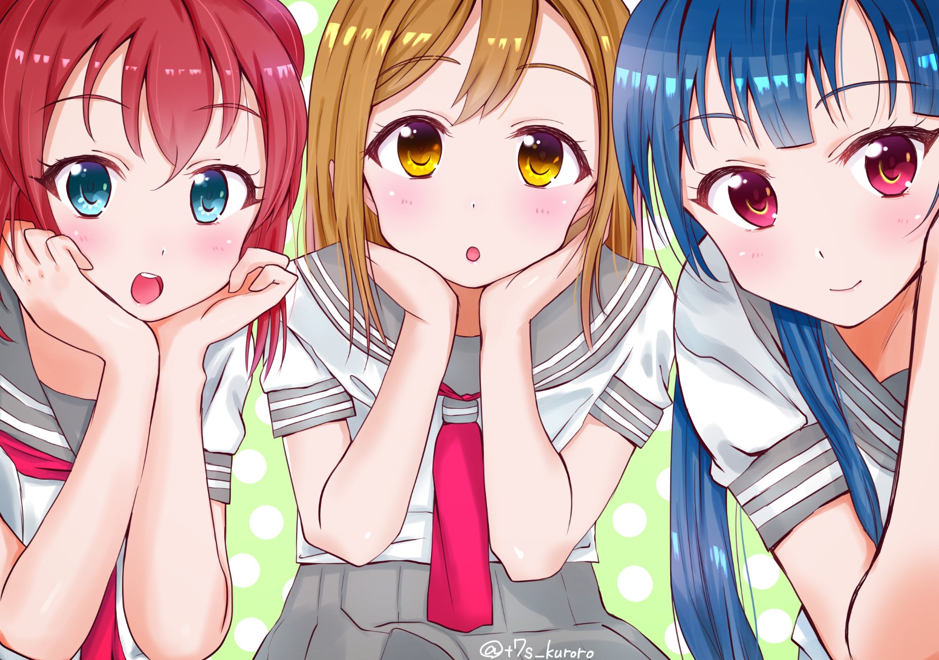 HD PC desktop wallpaper of Yoshiko Tsushima, Hanamaru Kunikida and Ruby Kurosawa (Love Live! Sunshine!!): three anime schoolgirls in uniforms leaning forward, smiling.