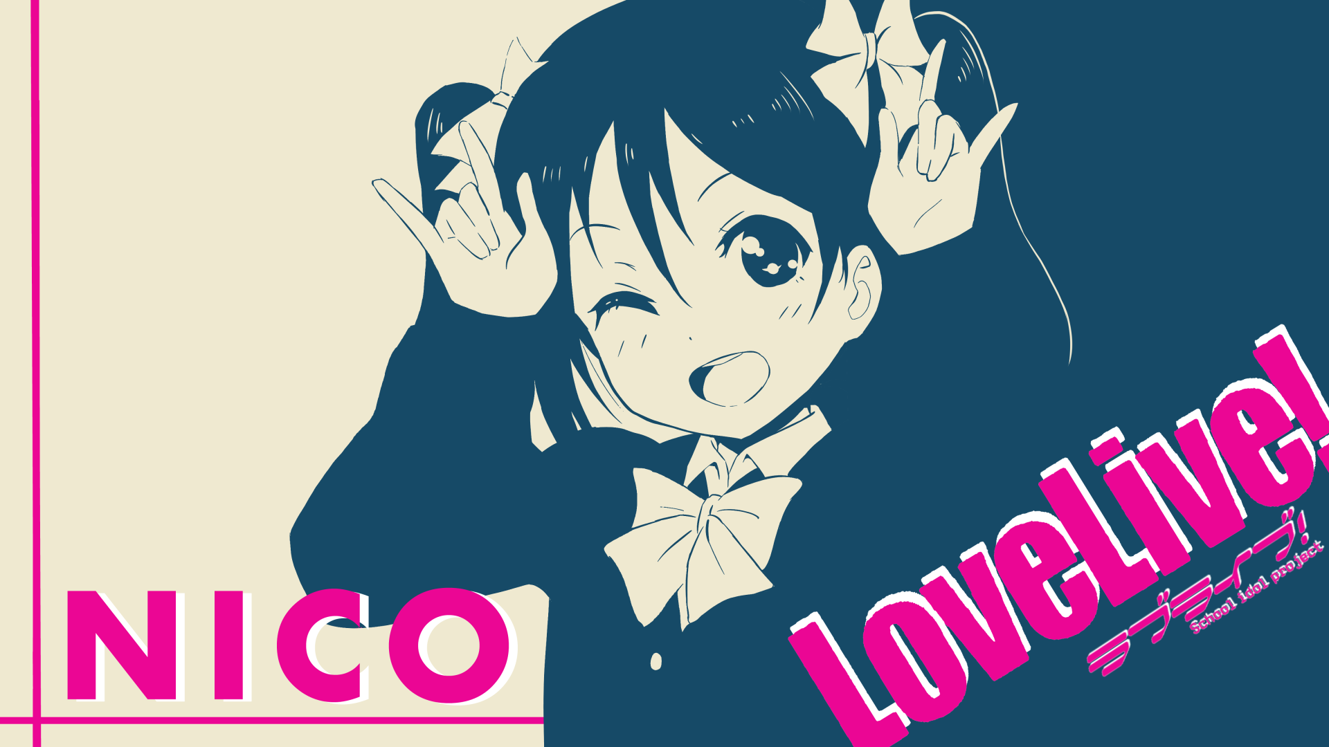 Nico Yazawa from Love Live! in a stylized two-tone blue and cream wallpaper, winking and making her twin-tail hand pose, bright pink LoveLive! and NICO text — HD PC desktop background.