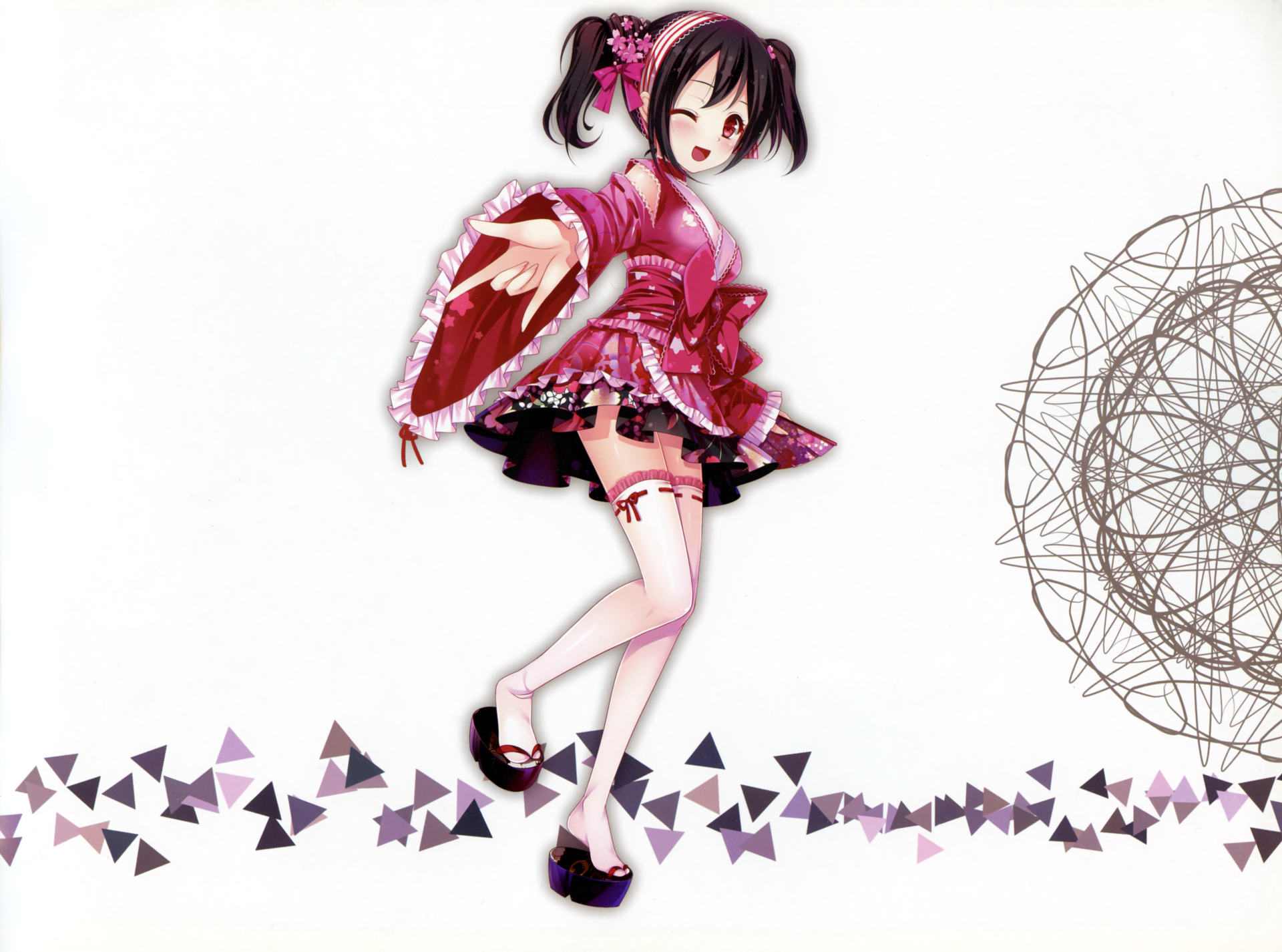 HD PC desktop wallpaper featuring Nico Yazawa from Love Live! in a vibrant pink outfit with geometric accents on a white background.