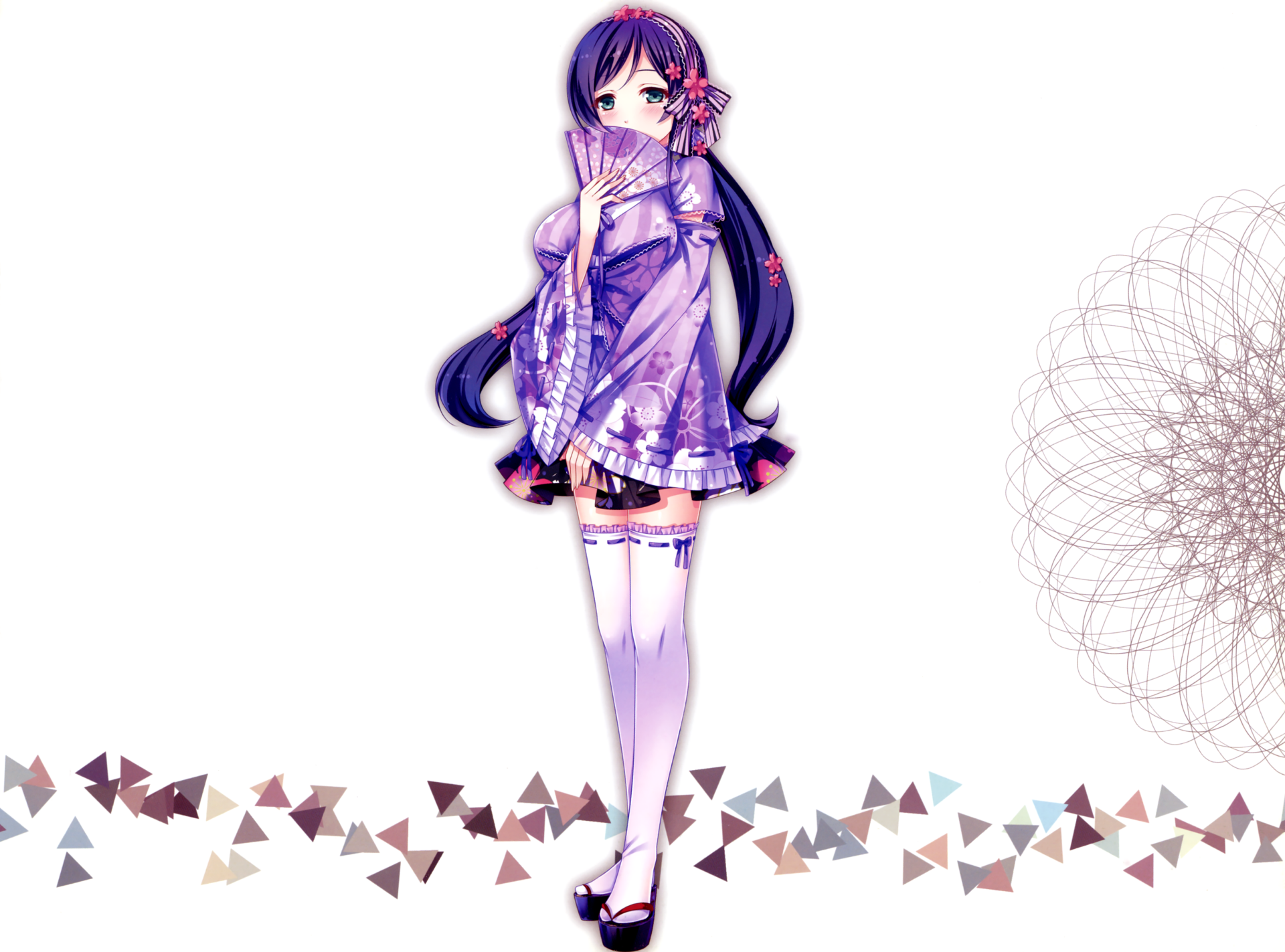 HD PC desktop wallpaper of Nozomi Tojo from Love Live!, featuring her in a purple outfit with long dark hair against a minimalist white background with geometric accents.