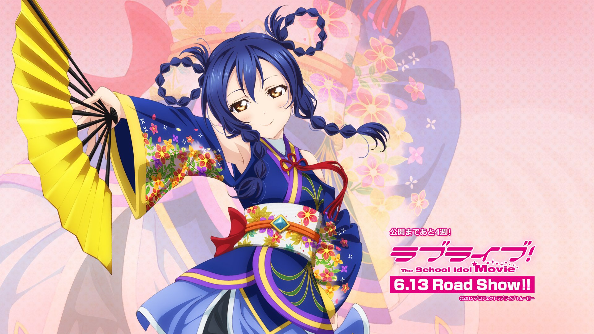 HD desktop wallpaper featuring Umi Sonoda from the anime Love Live!, dressed in a colorful, traditional outfit with a fan. Text promoting the School Idol Movie reads 6.13 Road Show! in the bottom right.
