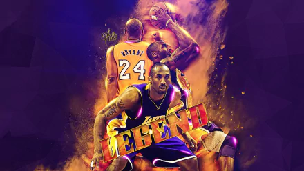 HD desktop wallpaper featuring an artistic rendition of a basketball player in action with vibrant purple and gold colors, labeled LEGEND.