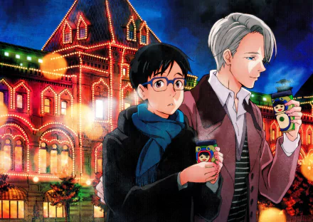 Anime characters Yuuri Katsuki and Victor Nikiforov from Yuri!!! on ICE standing together in front of a beautifully illuminated building. HD desktop wallpaper and background.