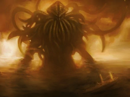 A menacing Cthulhu rises from the ocean, silhouetted against a fiery sky. This captivating fantasy scene serves as a striking HD desktop wallpaper and background.
