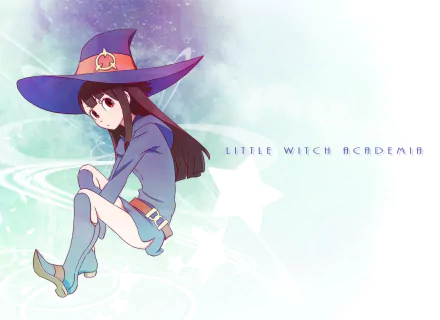 HD PC desktop wallpaper featuring Atsuko Kagari from the anime Little Witch Academia, depicted in her witch outfit with a magical, pastel background.