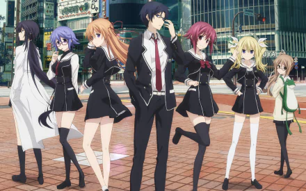 An HD desktop wallpaper featuring characters from the anime ChaoS;Child. The group stands confidently in an urban setting, striking dynamic poses in school uniforms.