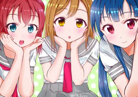 HD PC desktop wallpaper of Yoshiko Tsushima, Hanamaru Kunikida and Ruby Kurosawa (Love Live! Sunshine!!): three anime schoolgirls in uniforms leaning forward, smiling.