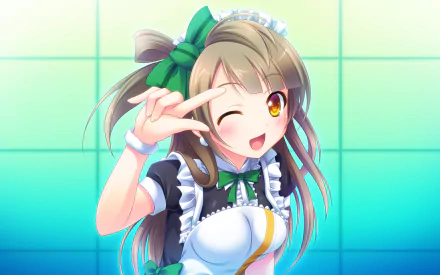 HD PC desktop wallpaper featuring Kotori Minami from Love Live! in a cheerful pose, wearing a detailed maid outfit with a green bow and bright background.