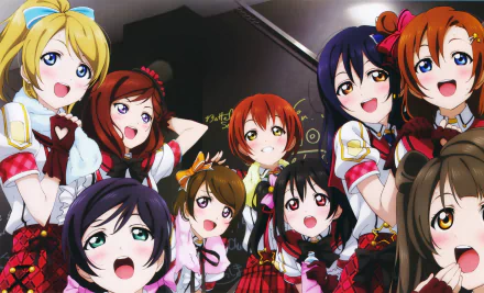 HD desktop wallpaper featuring Umi Sonoda, Rin Hoshizora, Nozomi Tojo, Nico Yazawa, Maki Nishikino, Kotori Minami, Honoka Kousaka, Hanayo Koizumi, and Eri Ayase from the anime Love Live!.