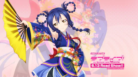 HD desktop wallpaper featuring Umi Sonoda from the anime Love Live!, dressed in a colorful, traditional outfit with a fan. Text promoting the School Idol Movie reads 6.13 Road Show! in the bottom right.