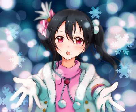 HD desktop wallpaper featuring Nico Yazawa from Love Live! anime. She wears winter attire with a bokeh and snowflake background, extending her hands forward.