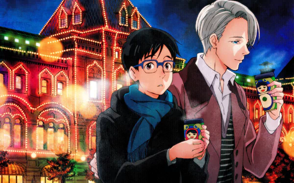 Anime characters Yuuri Katsuki and Victor Nikiforov from Yuri!!! on ICE standing together in front of a beautifully illuminated building. HD desktop wallpaper and background.