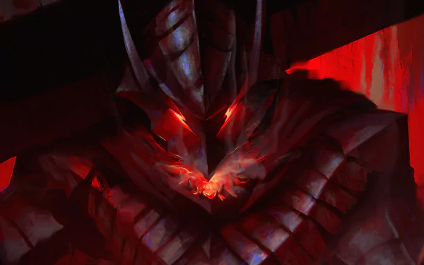 HD desktop wallpaper featuring Guts, the warrior in armor, from the anime Berserk. The dark and intense imagery showcases his fierce demeanor and glowing red eyes.