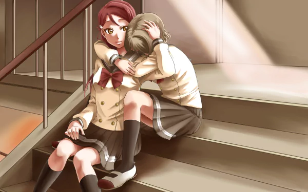 Anime-style 4K Ultra HD wallpaper featuring You Watanabe and Riko Sakurauchi from Love Live! Sunshine!! sitting together on stairs in a tender moment.