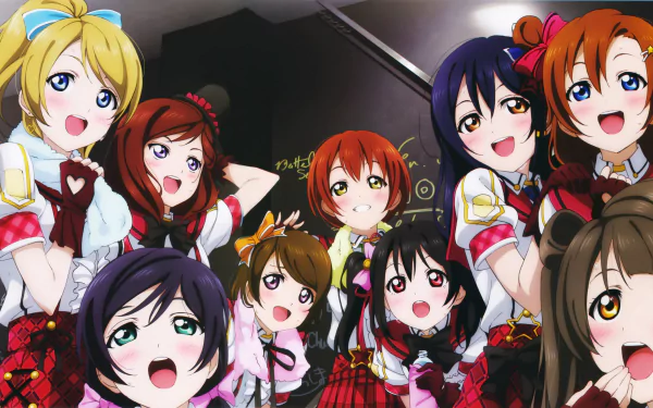 HD desktop wallpaper featuring Umi Sonoda, Rin Hoshizora, Nozomi Tojo, Nico Yazawa, Maki Nishikino, Kotori Minami, Honoka Kousaka, Hanayo Koizumi, and Eri Ayase from the anime Love Live!.