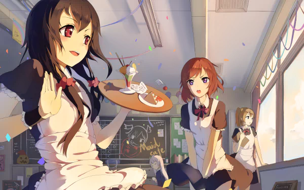 4K Ultra HD PC wallpaper featuring Maki Nishikino and Nico Yazawa from Love Live! in a warmly lit café setting with confetti and vibrant anime-style art.