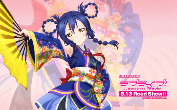 HD desktop wallpaper featuring Umi Sonoda from the anime Love Live!, dressed in a colorful, traditional outfit with a fan. Text promoting the School Idol Movie reads 6.13 Road Show! in the bottom right.