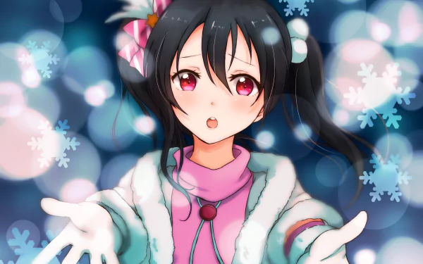 HD desktop wallpaper featuring Nico Yazawa from Love Live! anime. She wears winter attire with a bokeh and snowflake background, extending her hands forward.