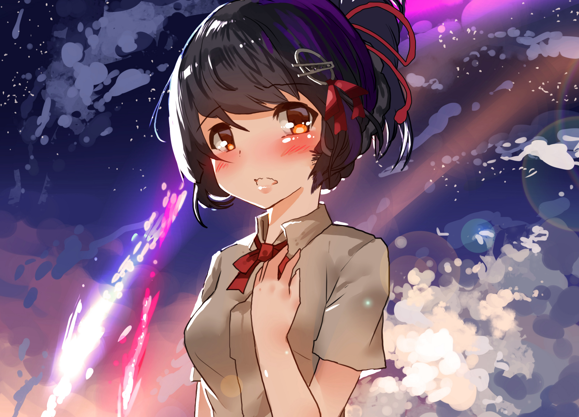 Anime crossover HD desktop wallpaper featuring Haguro from Kantai Collection with a Your Name.-inspired background.