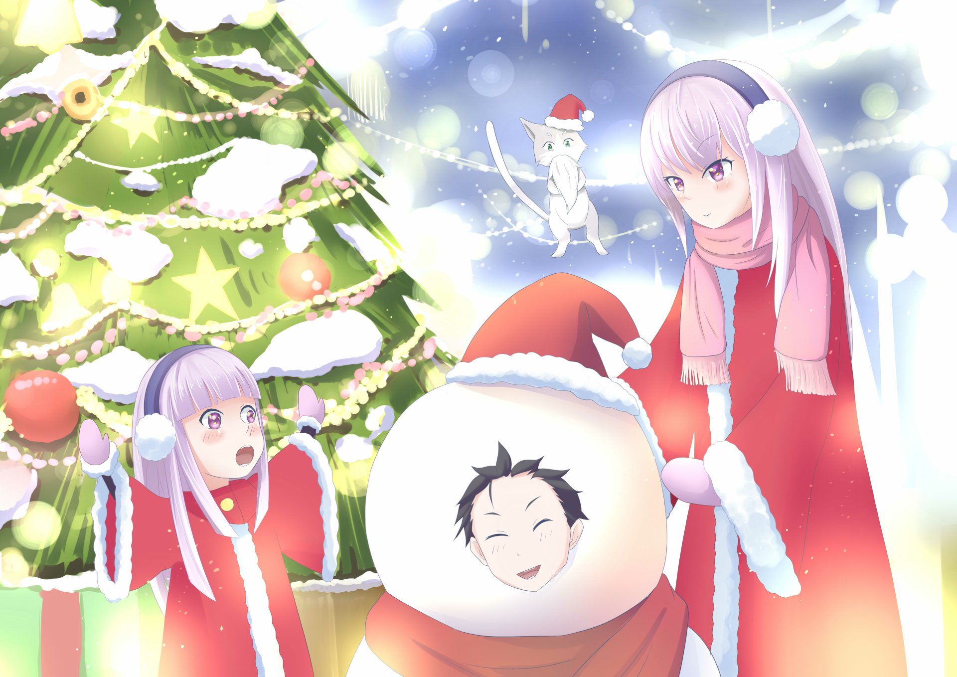 4K Ultra HD anime wallpaper featuring Subaru Natsuki, Emilia, and Pack from Re:Zero - Starting Life in Another World, celebrating winter with festive holiday attire and a decorated tree.