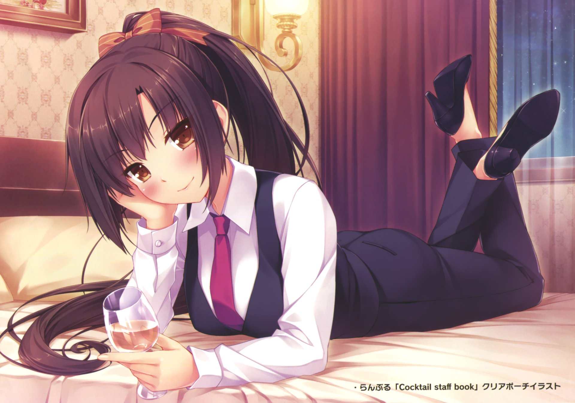 Anime-style original HD desktop wallpaper featuring a girl with long brown hair in a vest and tie, lounging on a bed with a glass in hand, set in a warmly lit room.