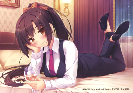 Anime-style original HD desktop wallpaper featuring a girl with long brown hair in a vest and tie, lounging on a bed with a glass in hand, set in a warmly lit room.