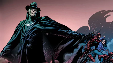 HD PC desktop wallpaper featuring DC Comics' Phantom Stranger in a dark cloak, with a shadowy cityscape and other characters in the background.