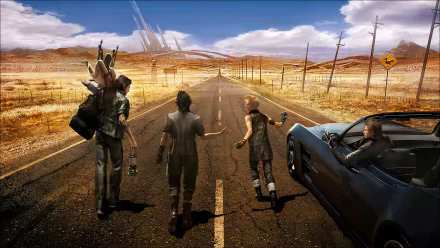 HD desktop wallpaper featuring Prompto Argentum, Gladiolus Amicitia, Ignis Scientia, and Noctis Lucis Caelum from the video game Final Fantasy XV, walking along a deserted road with a vast desert landscape.
