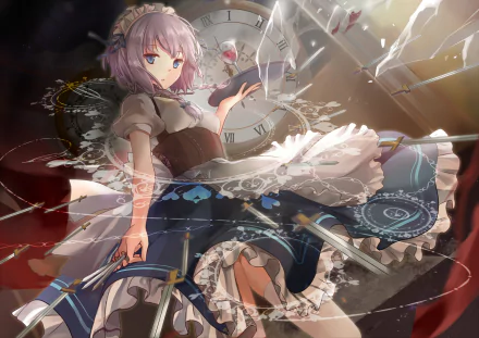 HD anime desktop wallpaper featuring Sakuya Izayoi from Touhou, depicted with dynamic motion and intricate clock-themed elements.