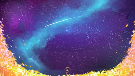 Anime-style HD desktop wallpaper of a starry night sky with a vibrant blue milky way and a bright shooting star above a figure standing in a glowing yellow field.