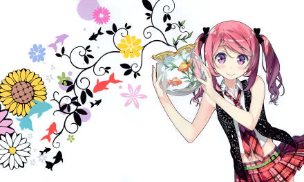 Anime-style 4K Ultra HD desktop wallpaper featuring a pink-haired girl from 5 Nenme no Houkago holding a fishbowl, surrounded by colorful floral and koi fish designs.